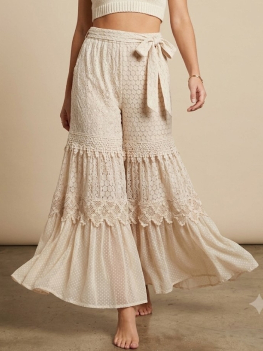 Boho Lace Tiered Wide-Leg Pants in Cream